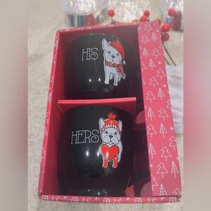 French Bulldog Dog Holiday Winter, Christmas Hers & His Box Set Of 2 Mugs New